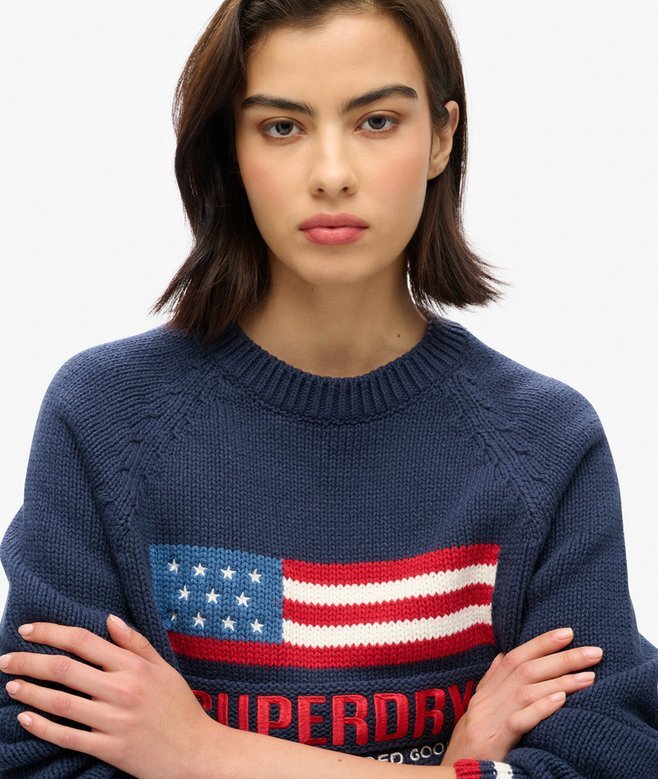 Americana-Pullover mit Rundhalsausschnitt aus Strickmode Americana-Pullover mit Rundhalsausschnitt aus Strickmode