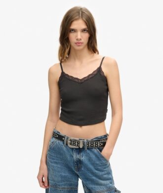 Athletic Essentials Cropped-Top mit Spitzenbesatz