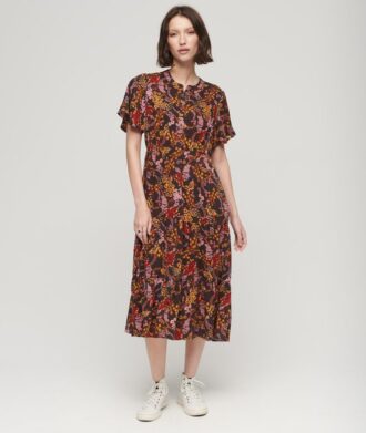 Bedrucktes, kurzärmeliges, gestuftes Midikleid