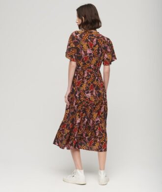 Bedrucktes, kurzärmeliges, gestuftes Midikleid