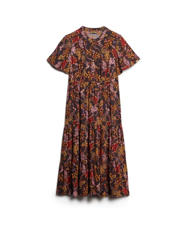 Bedrucktes, kurzärmeliges, gestuftes Midikleid Bedrucktes, kurzärmeliges, gestuftes Midikleid