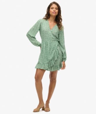 Bedrucktes Langarm-Wickel-Minikleid