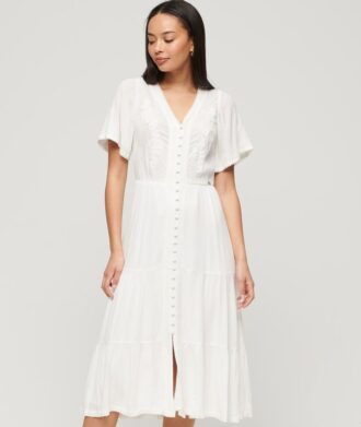 Besticktes Midi-Kleid mit Stufenrock