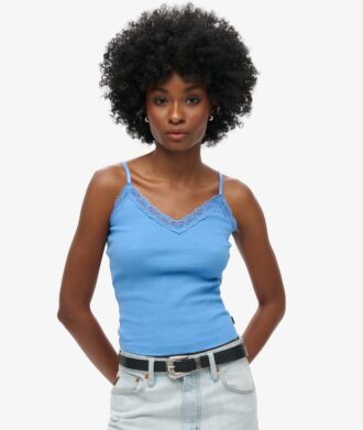 Cami-Oberteil aus Organic Cotton mit Vintage-Rippbündchen und Spitzenbesatz