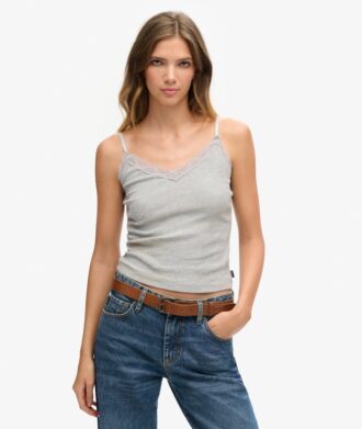 Cami-Oberteil aus Organic Cotton mit Vintage-Rippbündchen und Spitzenbesatz