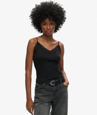 Cami-Oberteil aus Organic Cotton mit Vintage-Rippbündchen und Spitzenbesatz