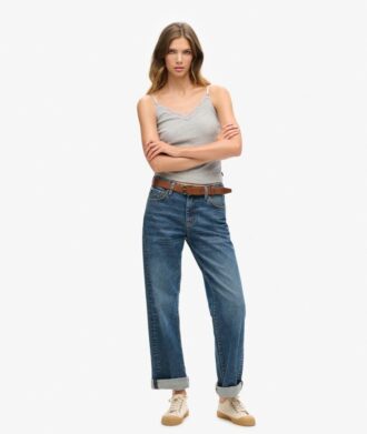 Cami-Oberteil aus Organic Cotton mit Vintage-Rippbündchen und Spitzenbesatz
