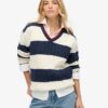 Gestreifter Oversize-Pullover mit Zopfmuster und V-Ausschnitt
