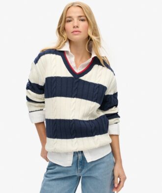 Gestreifter Oversize-Pullover mit Zopfmuster und V-Ausschnitt