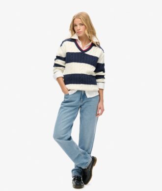 Gestreifter Oversize-Pullover mit Zopfmuster und V-Ausschnitt