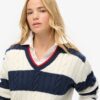 Gestreifter Oversize-Pullover mit Zopfmuster und V-Ausschnitt