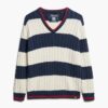 Gestreifter Oversize-Pullover mit Zopfmuster und V-Ausschnitt