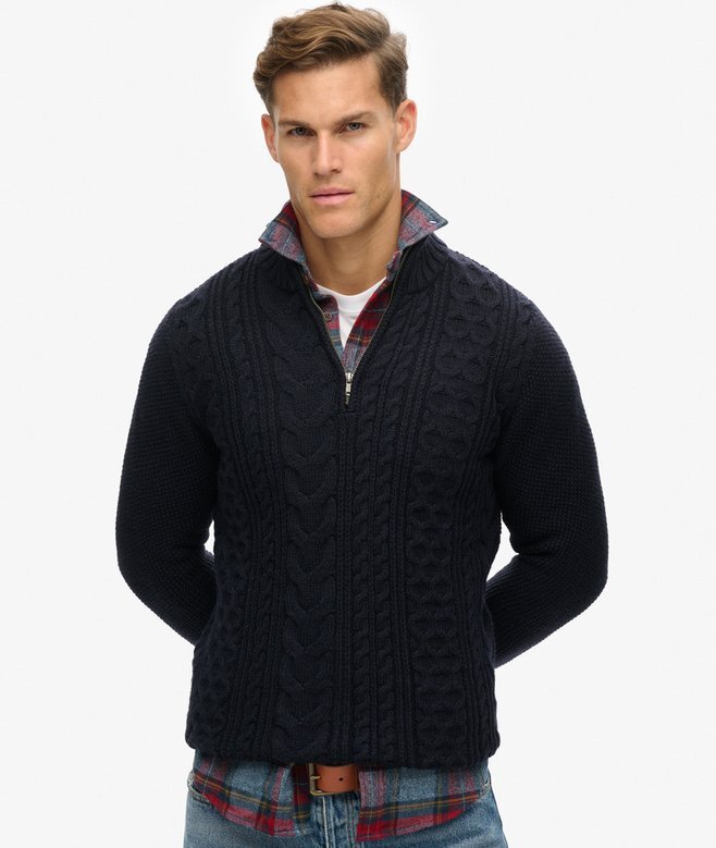 Jacob Pullover mit Zopfmuster und halbem Reißverschluss Jacob Pullover mit Zopfmuster und halbem Reißverschluss