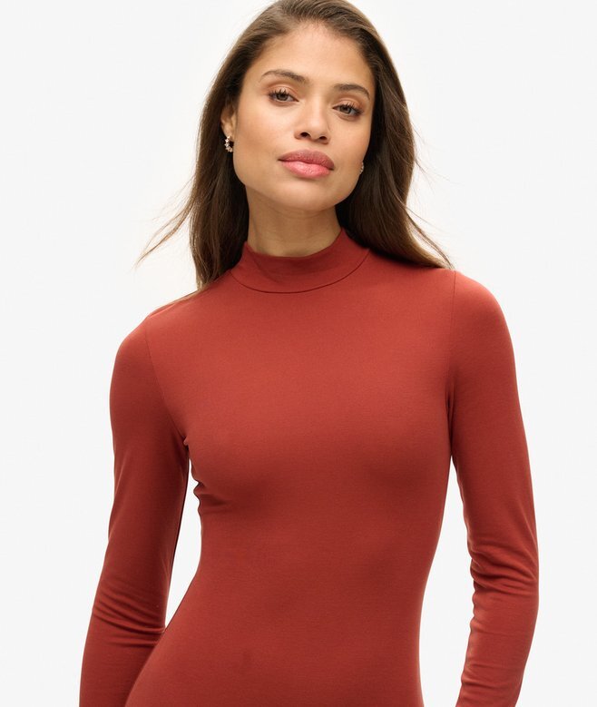 Jersey-Mini-Kleid mit hohem Kragen und langen Ärmeln Jersey-Mini-Kleid mit hohem Kragen und langen Ärmeln