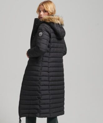 Langer, leicht gefütterter Puffer-Mantel mit Hooded-Kapuze aus Kunstfell