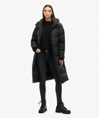 Langer Puffer-Mantel mit Kapuze