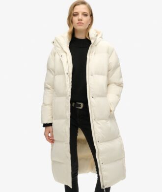 Langer Puffer-Mantel mit Kapuze