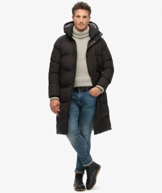 Langer Puffer-Mantel mit Kapuze