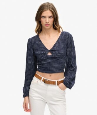 Langärmliges, gewebtes Crop-Top