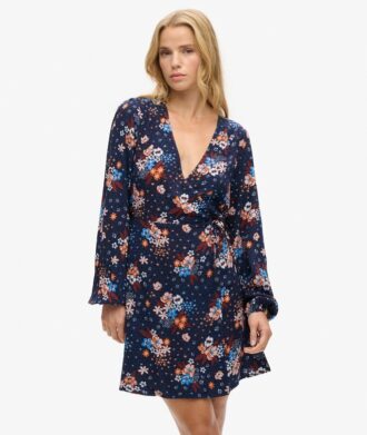 Langärmliges Minikleid mit V-Ausschnitt und Wickeloptik