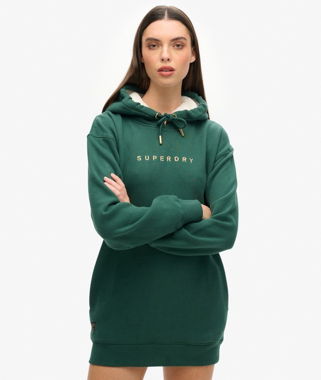 Luxe Metallic Logo Kapuzenpullover-Kleid Luxe Metallic Logo Kapuzenpullover-Kleid