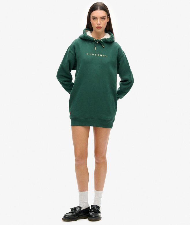 Luxe Metallic Logo Kapuzenpullover-Kleid Luxe Metallic Logo Kapuzenpullover-Kleid