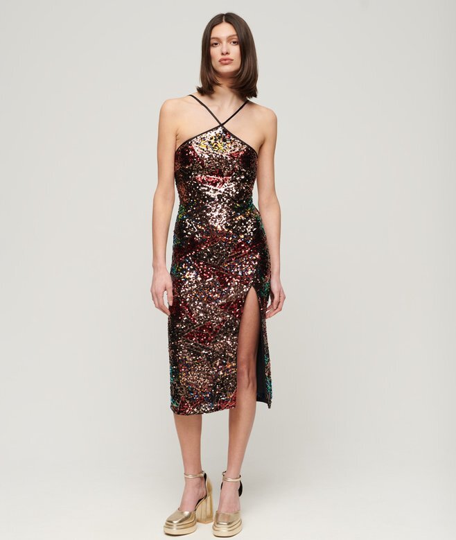 Midi-Kleid mit Pailletten und Neckholder Midi-Kleid mit Pailletten und Neckholder