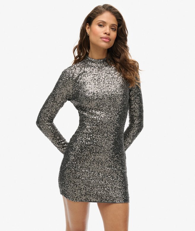Mini-Kleid mit Pailletten und Stehkragen Mini-Kleid mit Pailletten und Stehkragen