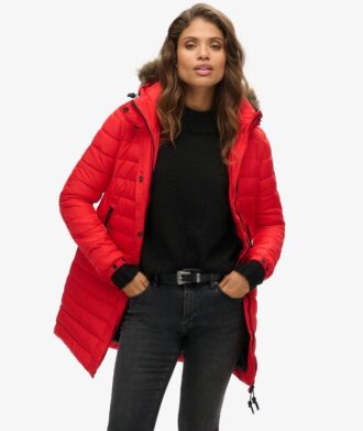 Mittellange Puffer-Daunenjacke mit Kapuze aus Kunstfell