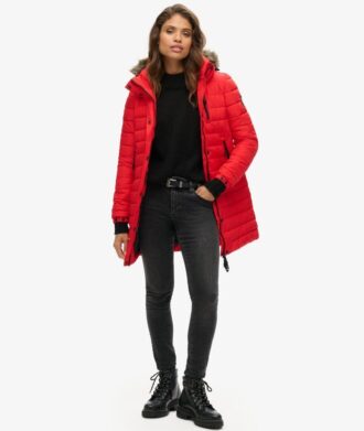 Mittellange Puffer-Daunenjacke mit Kapuze aus Kunstfell