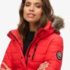 Mittellange Puffer-Daunenjacke mit Kapuze aus Kunstfell