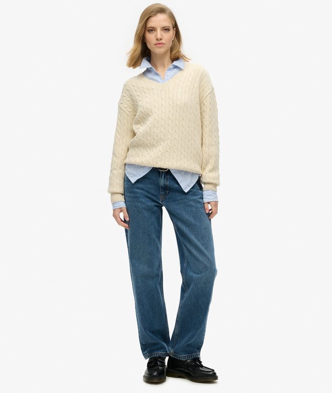 Oversized-Pullover mit V-Ausschnitt und Zopfmuster Oversized-Pullover mit V-Ausschnitt und Zopfmuster