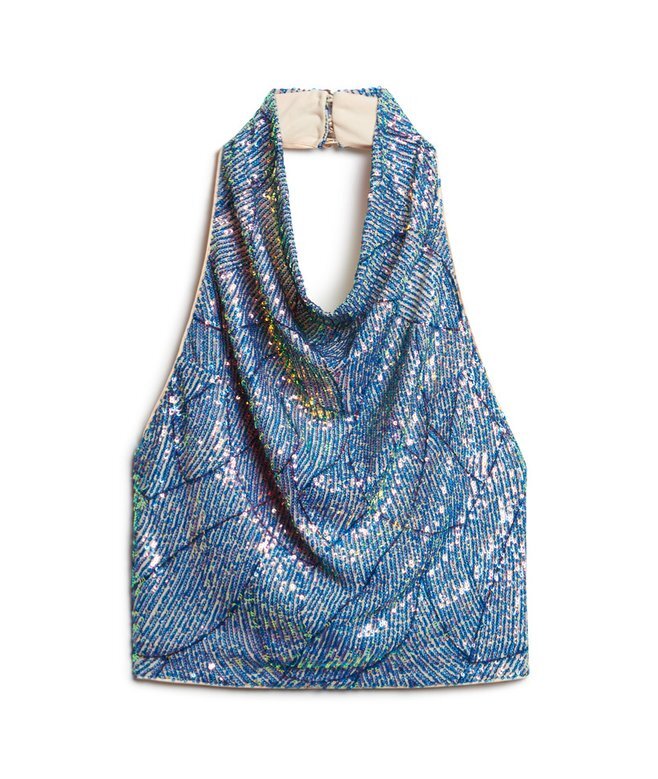 Pailletten-Oberteil mit Wasserfallausschnitt und Neckholder Pailletten-Oberteil mit Wasserfallausschnitt und Neckholder
