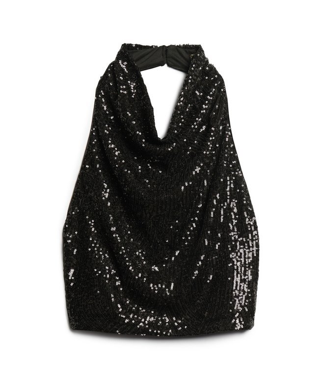 Pailletten-Oberteil mit Wasserfallausschnitt und Neckholder Pailletten-Oberteil mit Wasserfallausschnitt und Neckholder