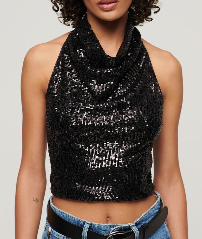 Pailletten-Oberteil mit Wasserfallausschnitt und Neckholder Pailletten-Oberteil mit Wasserfallausschnitt und Neckholder