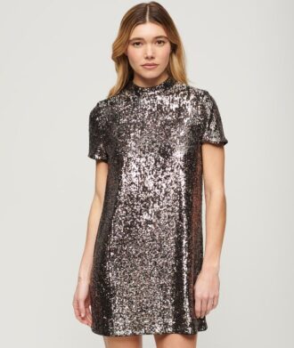 T-Shirt-Kleid mit hohem Kragen und Pailletten