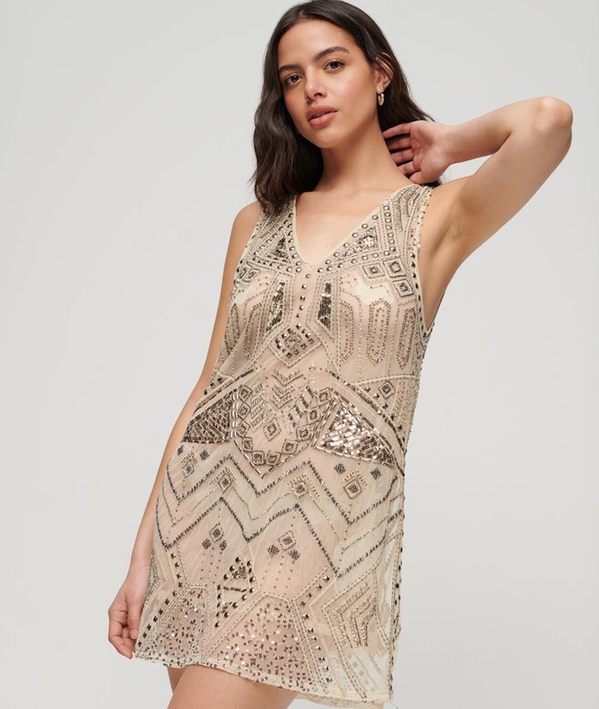 Verziertes Minikleid mit V-Ausschnitt Verziertes Minikleid mit V-Ausschnitt